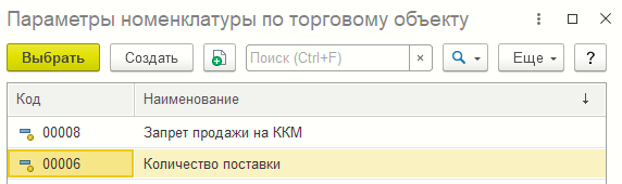 Форма справочника «Параметры номенклатуры по торговому объекту»